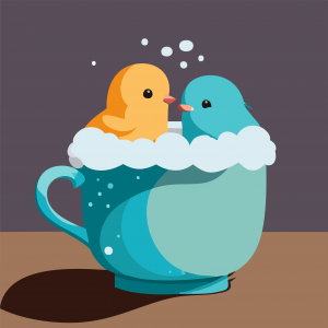 Deux oiseaux prenant un bain dans un mug, réalisé sur le logiciel de création Illustrator monteur vidéo community manager
