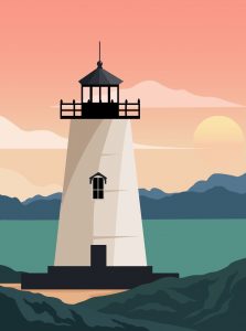 Une image de phare au bord de l'eau, réalisé sur le logiciel de création Illustrator monteur vidéo community manager