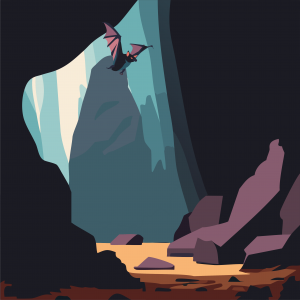 Paysage de grotte avec une chauve-souris au vol, réalisé sur le logiciel de création Illustrator monteur vidéo community manager