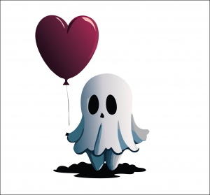 Illustration d'un fantôme tenant un ballon en forme de coeur, réalisé sur le logiciel de création Illustrator monteur vidéo community manager