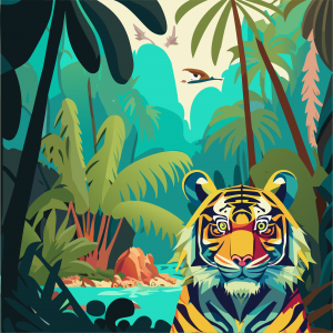 Paysage de jungle avec un tigre en premier plan, réalisé sur Illustrator monteur vidéo community manager